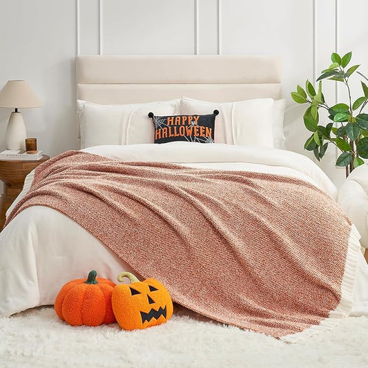 Snuggle Sac Orange Fall Blanket Twin Size, Oversized Soft Warm Cozy Knit Bedding Blanket, Luxurious Microfiber Blankets for Bed, Orange, 60x80 inches
