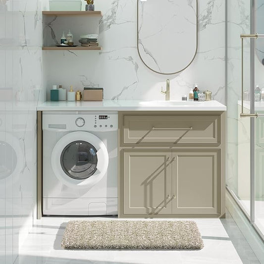 Yimobra Bathroom Rugs Non Slip Washable 36x24, Ultra Soft and Water Absorbent Bath Mats, Plush Fluffy Shower Mat Outside, Luxury Microfiber Thick Matts for Bathroom Floor/Tub, Light Tan and White