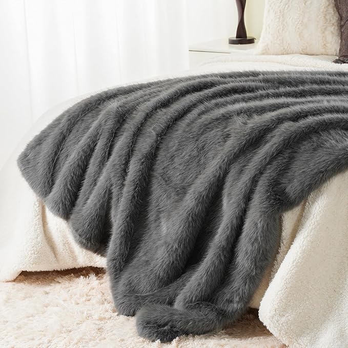 BATTILO HOME Luxury Fluffy Grey Faux Fur Throw Blanket, Cozy Warm Fur Blanket for Couch, Sofa, Chair, Bed, Plush Fuzzy Fur Throws with Long Pile, 50"x60"