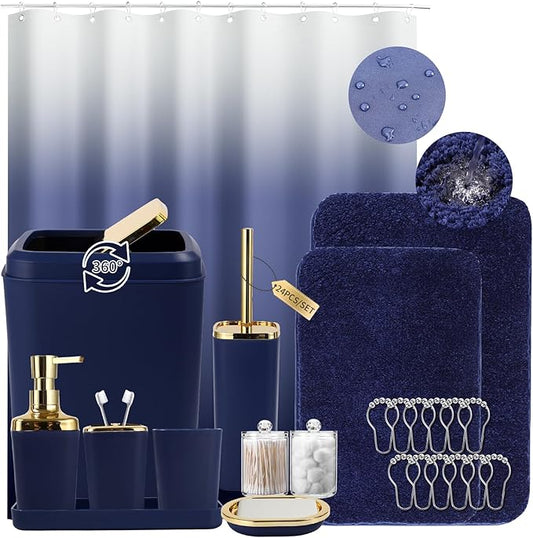 XLHOMO Bathroom Set - Navy Blue Bathroom Sets with Shower Curtain and Rugs, 24PCS Shower Curtain Set with Hooks, Soap Dispenser, Soap Dish, Toilet Brush Holder and Trash Can for Housewarming