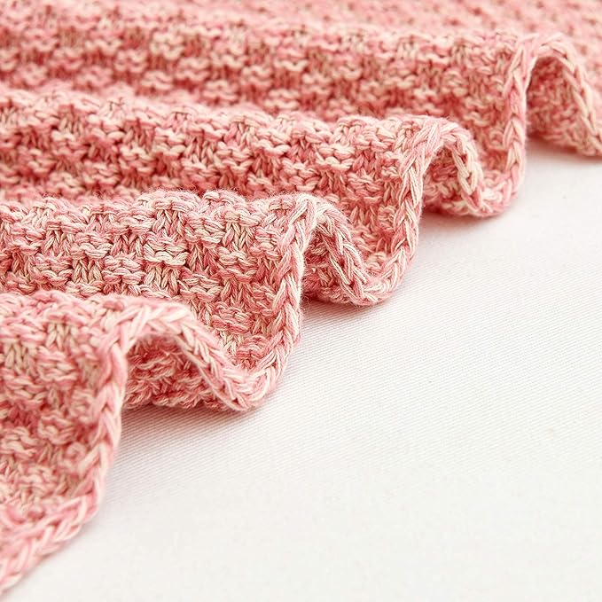 Longhui bedding Dusty Pink Knitted Throw Blanket for Couch, Soft, Cozy Machine Washable 100% Cotton Sofa Knit Blankets, Heavy 2.8lb Weight, 51 x 63 Inches, Pink and White Color, Laundry Bag Included