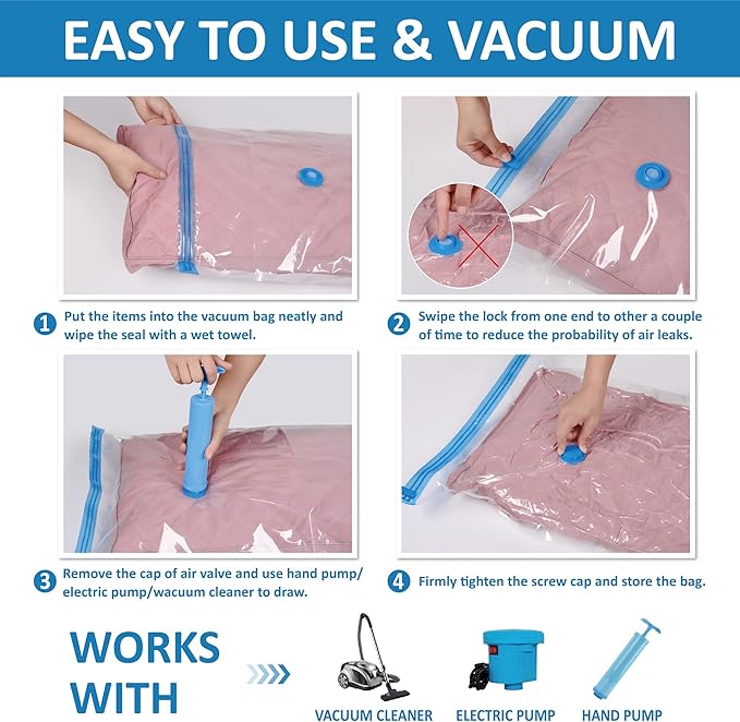 12 Space Saver Vacuum Storage Bags, Vacuum Sealed Storage Bags (3 Jumbo/3 Large/3 Medium/3 Small) with Hand Pump, Vacuum Seal Bags for Clothing, Comforters, Pillows, Towel, Blanket Storage, Bedding