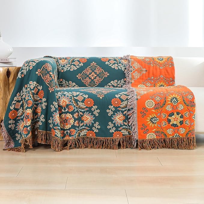 Fall Throw Blanket for Couch Bed Chair,100% Cotton Soft Lightweight Blanket Rustic Quilt -Orange Floral Printed Farmhouse Decor Bed All Season Blankets,60"×80"