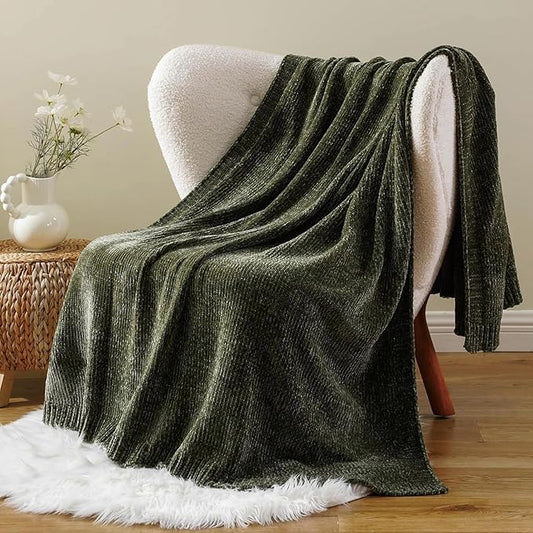 BATTILO HOME Olive Green Chenille Throw Blanket for Couch, Cozy Knit Throw Blanket for Bed Sofa Outdoor, Super Soft Warm Green Blankets Chenille Blankets for Home Decor, 51"x67"