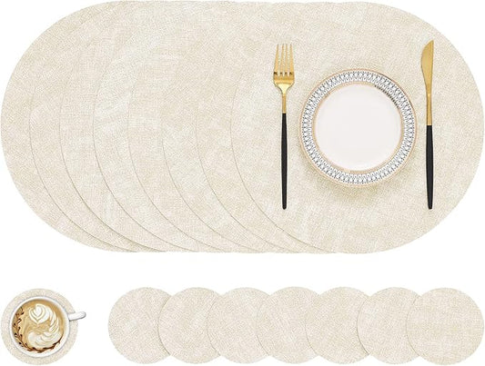 homing Round Faux Leather Placemat and Coaster 8 Packs, Washable Heat Resistant Dining Place Mats, Wipeable Double-Sided Table Mats for Indoor and Outdoor, Diameter 13 and 3.93 inch, Beige
