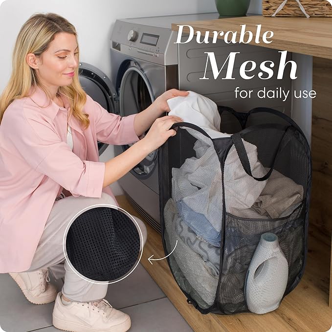 Handy Laundry Collapsible Mesh Pop Up Hamper with Wide Opening and Side Pocket - Breathable, Sturdy, Foldable, and Space-Saving Design for Clothes and Storage (Black | 2-Pack)