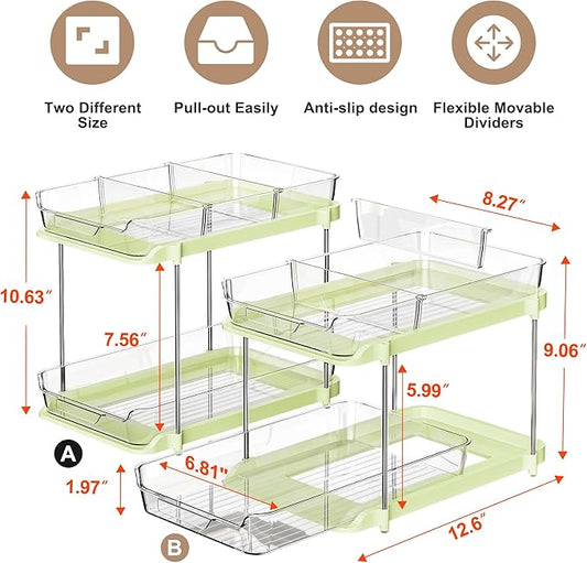 Delamu 2-Tier Multi-Purpose Bathroom Under Sink Organizers and Storage, Stackable Kitchen Pantry Organization, Pull Out Medicine Cabinet Organizer with Movable Dividers, Green, 2 Pack