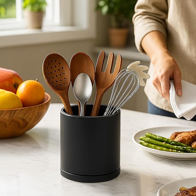 D'vine Dev 360° Rotating Utensil Holder Set – 7.2"+5" Kitchen Utensil Crocks for Countertop, Modern Cooking Tool Organizers for Kitchen Storage +Décor, Black, Set of 2, 72-Z-B-1