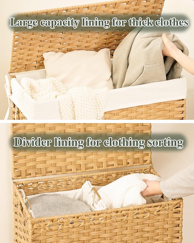 SETVSON Laundry Hamper with Lid Wicker Laundry Basket 112 L (29.6 Gal) Laundry Hampers Handwoven Rattan Clothes Hamper with Handles 3 Removable Liner Bag, 6 Mesh Bags for Bathroom Bedroom Natural