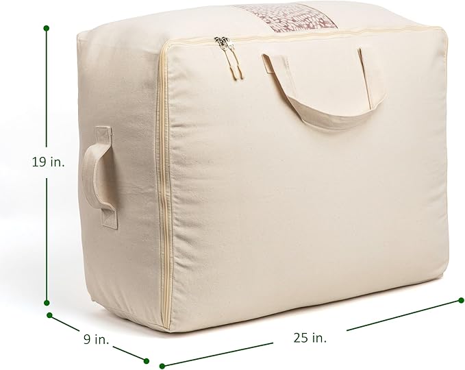 Soft Canvas Storage Bags with Zipper. Thick Breathable, 2pc King/Queen Comforter Organizer. Four Carrying Handles and Window. Large 25x19x9in Bag for Sheets Blankets Bedding Pillows, Clothes