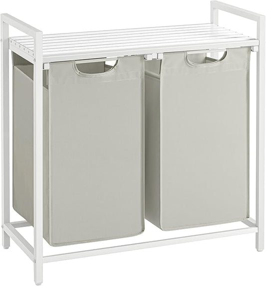 VASAGLE Laundry Hamper, Laundry Basket, Laundry Sorter with 2 Pull-Out and Removable Bags, Shelf, Metal Frame, 2 x 12.1 Gallons (46 L), 28.8 x 13 x 28.4 Inches, Cream White and Cloud White UBLH201W01