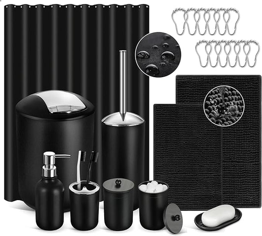 ALPIRIRAL Black Bathroom Accessories Set, 22Pcs Bathroom Sets with Shower Curtain and Rugs, Bathroom Accessories Sets Complete with Trash Can, Non-Slip Bathroom Rugs Super Absorbent