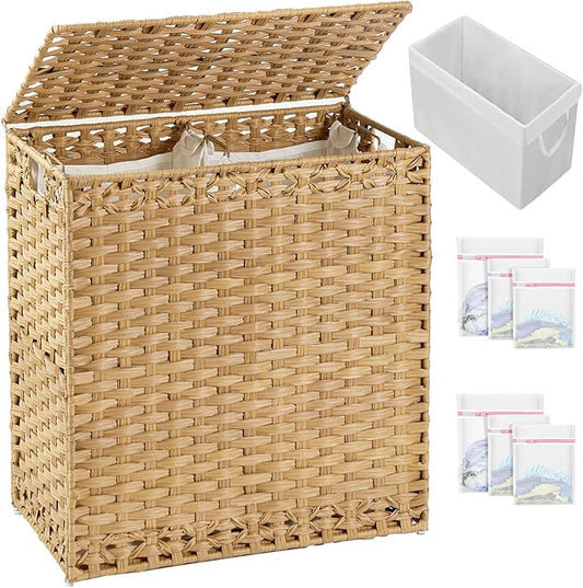 SETVSON Laundry Hamper with Lid Wicker Laundry Basket 112 L (29.6 Gal) Laundry Hampers Handwoven Rattan Clothes Hamper with Handles 3 Removable Liner Bag, 6 Mesh Bags for Bathroom Bedroom Natural