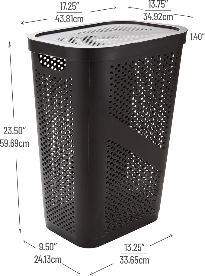 Mind Reader Slim Laundry Hamper with Lid, 60L Clothes Basket, Ventilated Plastic, Brown