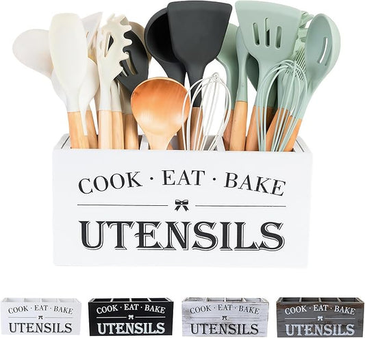 LIBODOUR Utensil Holder,Large Wooden Utensil Holder For Kitchen Counter,Cooking Spatula Organizer,Big Storage Caddy With 3 Compartments Flatware Spoon Tool Cutlery(White)