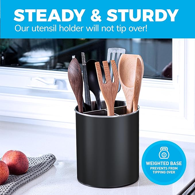 Cooler Kitchen Black Rotating Extra Large Stainless Steel Utensil Holder Caddy with Sturdy No-Tip Weighted Base, Removable Divider, and Gripped Insert - Dishwasher Safe Metal Cooking Utensil Holder