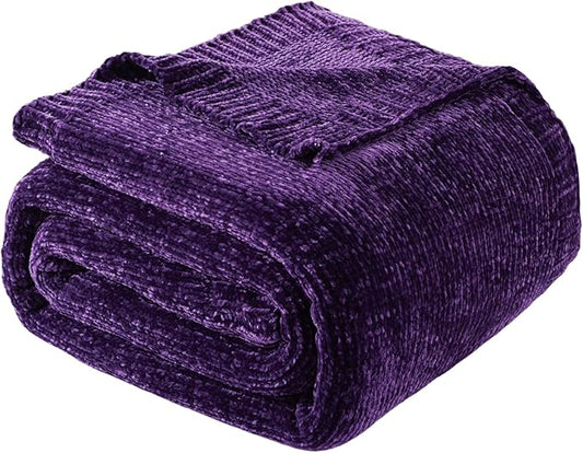 BATTILO HOME Chenille Knitted Throw Blanket for Couch, Decorative Cozy Dark Purple Throw Blanket for Bed Sofa Outdoor, Super Soft Purple Blankets Chenille Blankets for Home Decor, 51"x67"