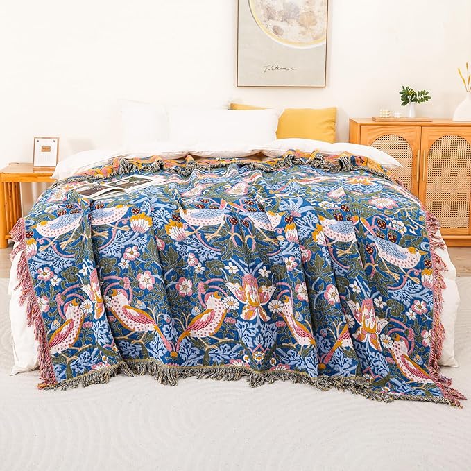 Queen Size Throw Blanket for Bed 100% Cotton Boho Oversized Soft Cozy Muslin Quilt Blanket Double Bird and Florals, Vintage Farmhouse Cottage Woven Blankets for Bedding Couch,90"×98"- Blue&Yellow