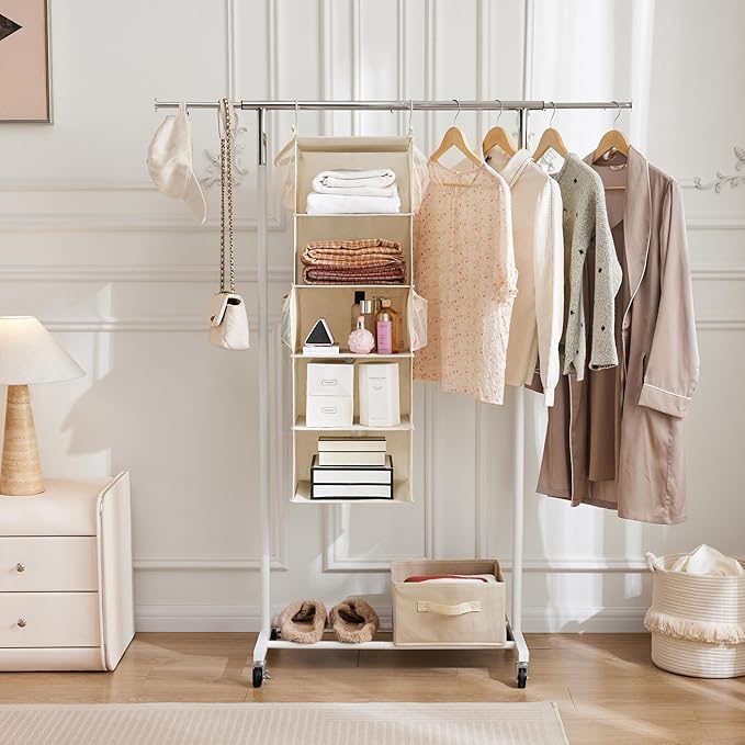 MAX Houser 5 Shelf Hanging Closet Organizer, Space Saver, Cloth Hanging Shelves with 4 Side Pockets, Foldable, Beige