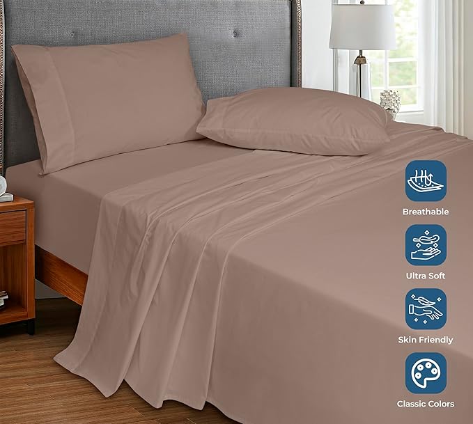 Royale Linens 100% Organic Cotton Queen Flat Sheet Only - Super Soft - Percale Top Sheets - Queen Flat Sheet Sold Separately - Breathable, Cool & Crisp White Sheets Only (90" x 102", Mocha)