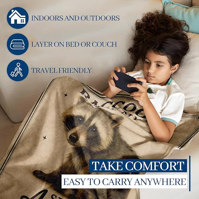 Cute Raccoon Blanket, 80"x60" Flannel Cozy Lightweight Throw Blankets Gifts for Couch Bed Living Room Decor, Soft Blanket for Women Kids