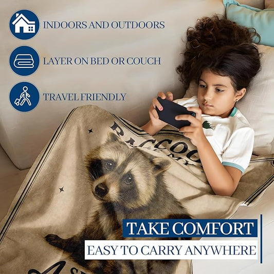 Cute Raccoon Blanket, 80"x60" Flannel Cozy Lightweight Throw Blankets Gifts for Couch Bed Living Room Decor, Soft Blanket for Women Kids