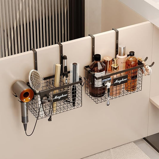 Magheo 2 Pack Hair Tool Organizer,Adhesive Hair Dryer Holder Cabinet Door/Wall Mounted Adjustable Height Blow Dryer Holder Under Sink Bathroom Hair Appliance Organizer and Storage Countertop(Black)