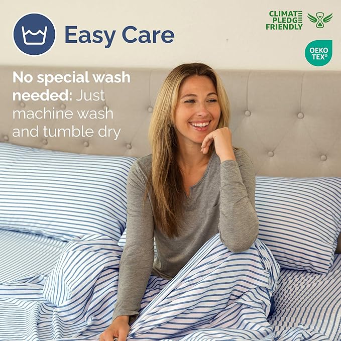 Queen Size Flat Sheet - Hotel Quality Top Flat Bed Sheet Only - Ultra-Soft, Comfy, Breathable & Cooling - Fade & Wrinkle Free - Easy-Care, Stain & Shrink Resistant Bedding - Oeko-Tex - Blue Stripes