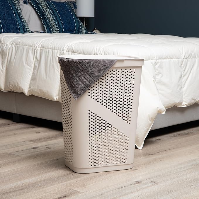 Mind Reader 60L Slim Laundry Hamper, Clothes Basket, Lid, Ventilated, Plastic, Set of 2, Ivory