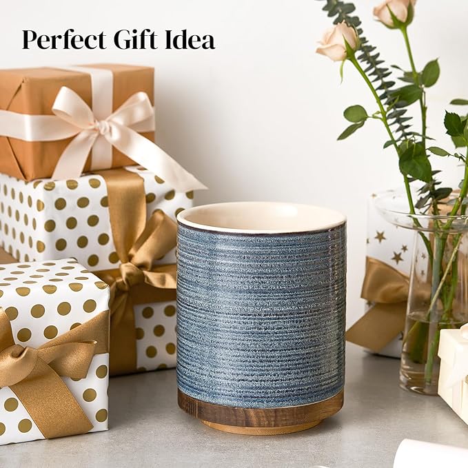 DOWAN 360° Rotating Extra Large Cooking Utensil Holder, 7.6" Kitchen Utensil Holder for Countertop, Utensil Crock for Farmhouse Kitchen Decor, Ceramic Stable Utensil Caddy, Blue