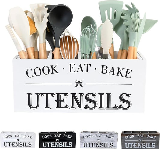 LIBODOUR Utensil Holder,Extra Large Wooden Utensil Holder For Kitchen Counter,Cooking Spatula Organizer,Big Storage Caddy With 4 Compartments Flatware Spoon Tool Cutlery（White）