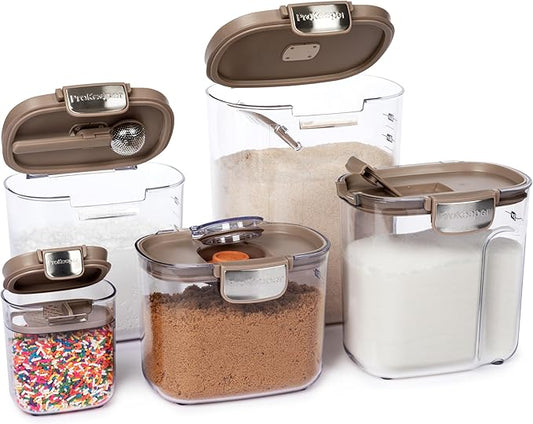 ProKeeper+ Airtight Food Storage Container Set – Clear Plastic Flour and Sugar Canister Set with Magnetic Accessories for Kitchen Organization (Taupe, 9-Piece)