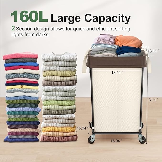 Mefirt 160L Laundry Basket with Wheels, 2 Section Large Rolling Laundry Hamper Bag with Wheels, Clothes Hamper Cart for Laundry, Bedroom, Bathroom and Dorm