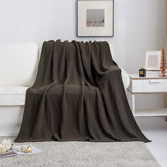 Longhui bedding Dark Brown Knitted Throw Blanket for Couch, Soft, Cozy Machine Washable 100% Cotton Sofa Knit Blankets, Heavy 3.0lb Weight, 51 x 63 Inches.