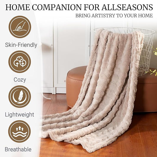 BYKOSY Checkered Fleece Throw Blankets-Cozy Fluffy Soft Lightweight Luxury Blanket for Travel, Sofa, Couch, Bed & Car, Gifts for Teen Girls, Women and Men, Home and Dorm Decor, Beige, 50" x 70"