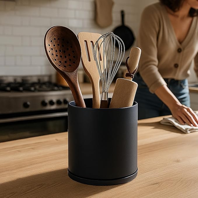 D'vine Dev 360° Rotating Utensil Holder Set – 7.2"+5" Kitchen Utensil Crocks for Countertop, Modern Cooking Tool Organizers for Kitchen Storage +Décor, Black, Set of 2, 72-Z-B-1
