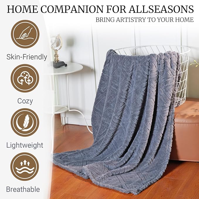 BYKOSY Geometric 50x70 Inch Flannel Jacquard Throw Blanket- Soft & Cozy Luxurious Blankets for Couch, Bed, Sofa, Travel，Home and Dorm Decor，Housewarming Gift for Women & Men,Dark Grey