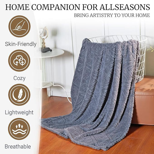 BYKOSY Geometric 50x70 Inch Flannel Jacquard Throw Blanket- Soft & Cozy Luxurious Blankets for Couch, Bed, Sofa, Travel，Home and Dorm Decor，Housewarming Gift for Women & Men,Dark Grey