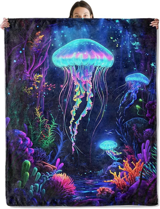 wyxdwh Glowing Jellyfish Blanket, Cozy Flannel Neon Jellyfish with Coral Throw Blanket for Couch Outdoor, Plush Soft Lightweight Travel Blankets for Bed Decor and Gifts, for Women Adults Kids 60"x80"