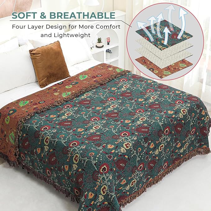 Boho Fall Throw Blanket for Bed,100% Ultra Cotton Soft Breathable Bed Throw Floral Printed Farmhouse Decor Rustic Bed Throws for Couch Sofa Quilt 90" x 98"