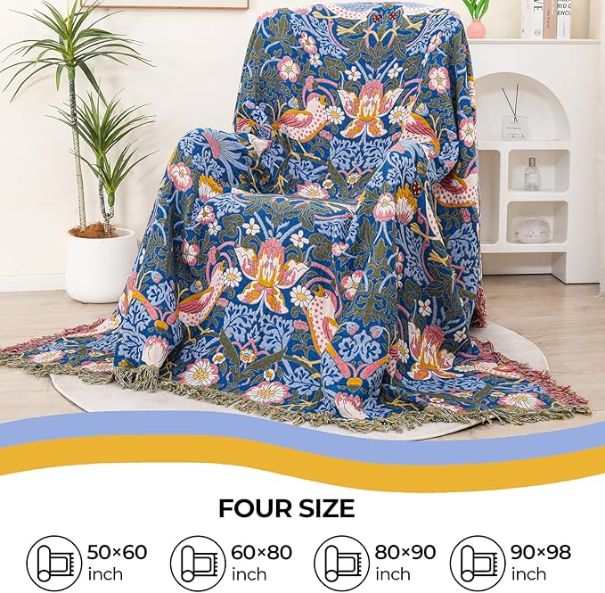 Queen Size Throw Blanket for Bed 100% Cotton Boho Oversized Soft Cozy Muslin Quilt Blanket Double Bird and Florals, Vintage Farmhouse Cottage Woven Blankets for Bedding Couch,90"×98"- Blue&Yellow