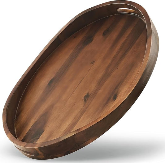 Acacia Oval Wooden Serving Tray with Handless - 16.5" x 13" Ottoman Table Oval Wooden Tray - Round Serving Tray - Ottoman Tray for Living Room, Coffee Table Decor, Serving Platter, Walnut color