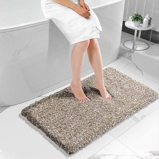 Yimobra Luxury Bathroom Rugs, Fluffy Bath Mats, Non Slip, Water Absorbent Microfiber, Machine Washable, Plush Runner Shower Rugs, Thick Matts for Bathroom Floor&Tub, 47"x 24", Light Brown and White