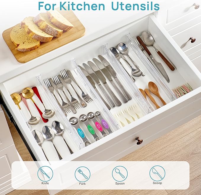 Vtopmart 8 Pack 2.36" Short Upgrade Drawer Dividers for Kitchen Drawer, 12.8"-22.3" Expandable Kitchen Drawer Organizer, Clear Plastic Organizer Separator for Flatware, Utensil, Cutlery, Underwear
