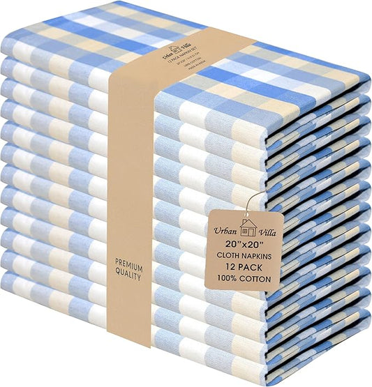 Urban Villa Cloth Napkins Set of 12 20x20 Inches 100% Cotton Napkins Cloth Washable Soft Durable Reusable Absorbent Table Dinner Napkins Cloth for Hotel Lunch Restaurant Weddings Parties- Blue Sand