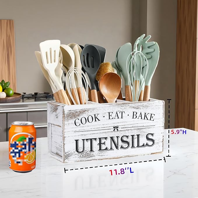 LIBODOUR Utensil Holder,Large Wooden Utensil Holder For Kitchen Counter,Cooking Spatula Organizer,Big Storage Caddy With 3 Compartments Flatware Spoon Tool Cutlery（Light White）