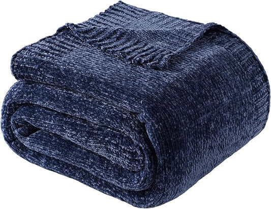 BATTILO HOME Navy Throw Blanket for Couch, Dark Blue Throw Blankets for Sofa, Chair, Living Room, Chenille Knit Throw Blankets for Bed Living Room Home Decor, 51"x67"