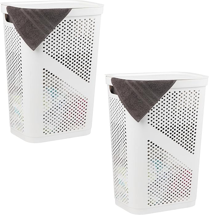 Mind Reader 60L Slim Laundry Hamper, Clothes Basket, Lid, Ventilated, Plastic, Set of 2, White