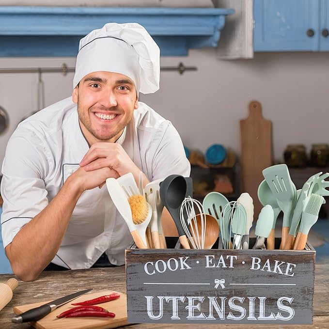 LIBODOUR Utensil Holder,Extra Large Wooden Utensil Holder For Kitchen Counter,Cooking Spatula Organizer,Big Storage Caddy With 4 Compartments Flatware Spoon Tool Cutlery(Light Grey)