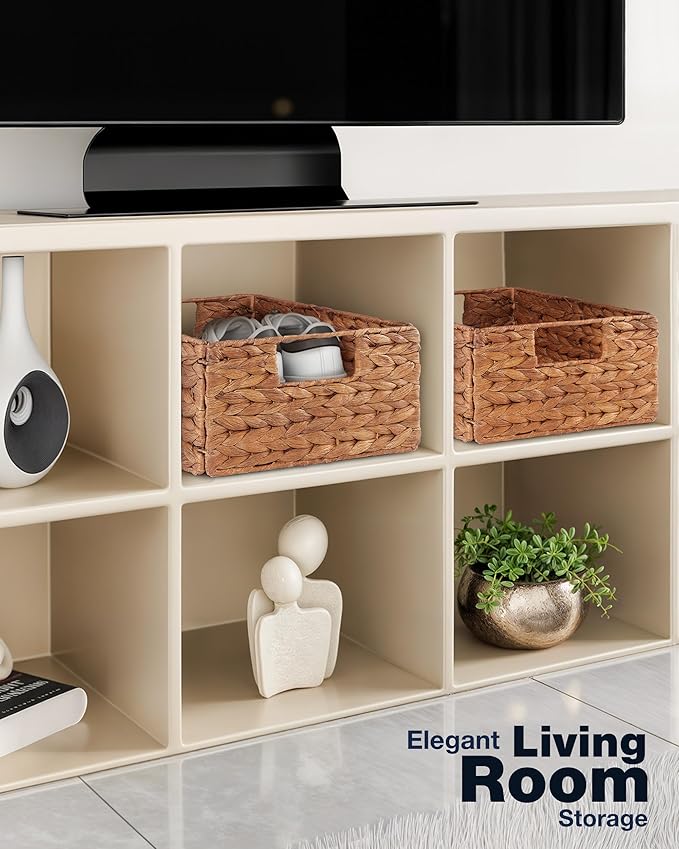 BLUEWEST Wicker Storage Baskets Pack 6, Woven Baskets for Storage, Laundry Water Hyacinth Basket for Organizing with Carrying Handles, Rattan Baskets (Brown, Rectangular)